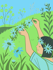 Child's hands weaving a flower crown with big wildflowers in a vibrant green landscape, capturing the essence of summer and the joy of the Summer Solstice Festival
