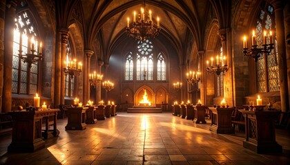 Salón medieval iluminado por la luz parpadeante de las antorchas que crea un ambiente atmosférico, salón medieval iluminado por la cálida luz de las antorchas encendidas fondo sin costuras