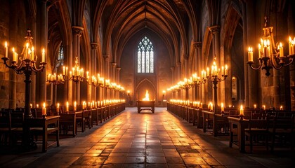 Salón medieval iluminado por la luz parpadeante de las antorchas que crea un ambiente atmosférico, salón medieval iluminado por la cálida luz de las antorchas encendidas fondo sin costuras