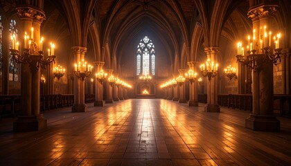 Salón medieval iluminado por la luz parpadeante de las antorchas que crea un ambiente atmosférico, salón medieval iluminado por la cálida luz de las antorchas encendidas fondo sin costuras