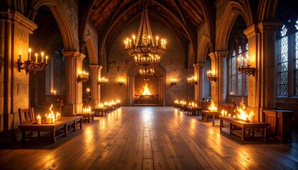 Salón medieval iluminado por la luz parpadeante de las antorchas que crea un ambiente atmosférico, salón medieval iluminado por la cálida luz de las antorchas encendidas fondo sin costuras
