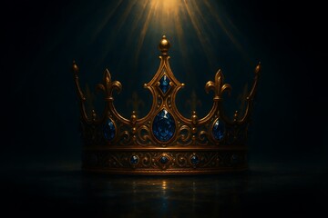 Majestic Gold Crown with Sapphire Jewels Royalty, Power, and Regal Elegance in Dark Background
