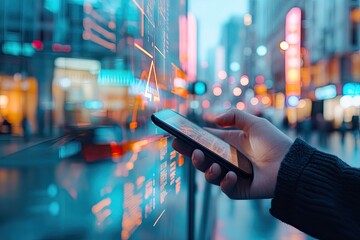 Person looking at financial data on a phone in a city at night