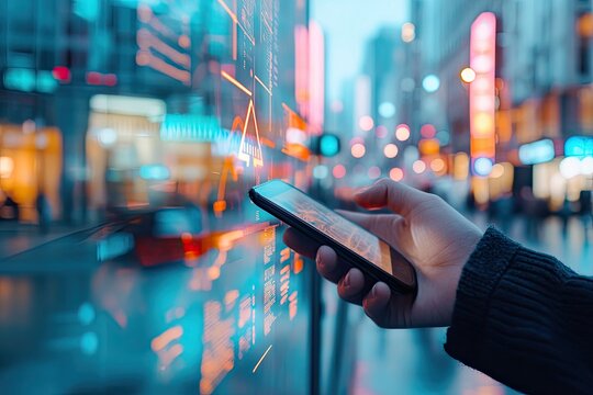 Person looking at financial data on a phone in a city at night