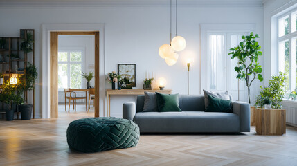 Fototapeta premium a middle bright modern living room built in studio, the room is simple and has white walls and green details and many lit lamps 