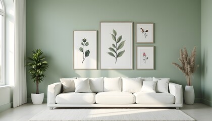Elegant Living Room with Soft Green Wall, White Sofa, Botanical Gallery Wall, and Potted Plants, creating a Serene and Modern Space