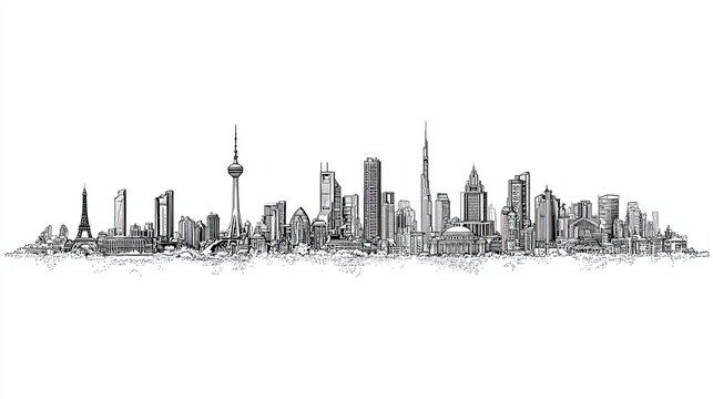 Engraving sketch of global city skyline with famous landmarks and architectural details on white background