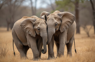 Two cute young elephants hug with trunks in Addo Elephant National Park. Baby animals, big ears show sibling love, family ties in African safari nature.