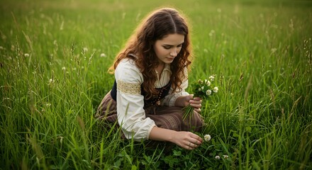 Fototapeta premium Woman picking wildflowers in the field on summer day