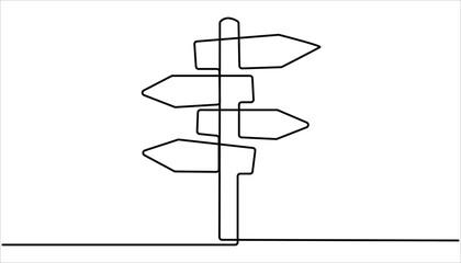 Road direction sign continuous one line drawing illustration. Road sign continuous one line direction sign arrows. Vector Illustration of Continuous Monoline Sign Illustration. Linear Art.