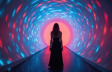 Woman stands illuminated tunnel with vibrant red, blue lights. Installation art, immersive experience. Digital display, futuristic environment, urban art. Modern design, creative innovation, tech