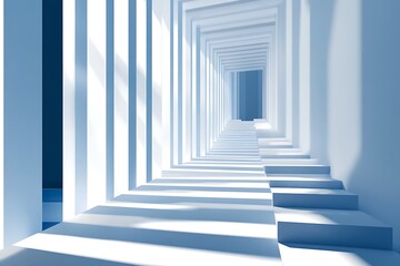 Fototapeta premium Open door in a light-filled corridor, offering a glimpse of the blue sky, a concept of an ethereal entrance to a heavenly space within a modern architectural design