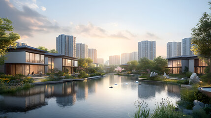 Fototapeta premium Modern waterfront houses with a serene canal and urban skyline in the background during sunset.