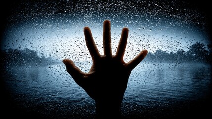 Hand reaching out through a rain-covered window with a dark, moody background