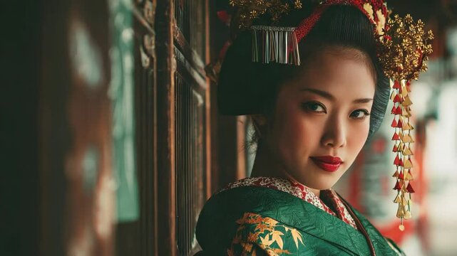 優しい眼差しで、こちらを見てにっこり微笑む女芸者