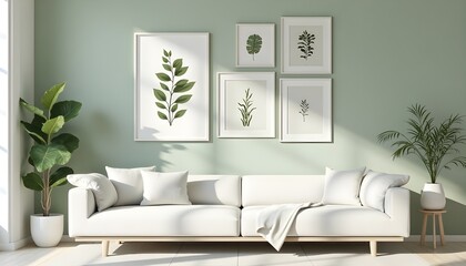 Serene Living Room with Mint Green Wall, White Sofa, Botanical Gallery Wall Art, and Potted Plants, Bathed in Soft Natural Light