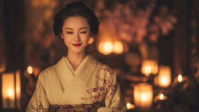 灯りに照らされた和室で、にっこりと優しく微笑む旅館の若女将