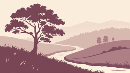 Monochromatic Landscape Illustration with Tree, River, and Rolling Hills - Peaceful Nature Scene Art