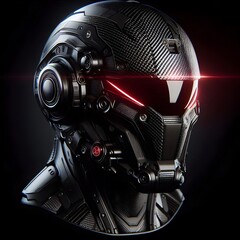 Tactical Cyber Helmet for Future Soldier – Red Eye Visor and Carbon-Tech Design  hyper-realistic helmet is engineered for futuristic warfare, combining angular design, carbon texture, and embedde