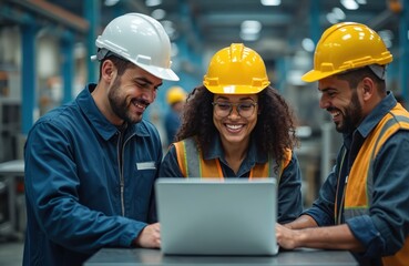 Diverse team of smiling industrial professionals collaborates over laptop on factory floor. Group embodies teamwork, tech integration, diversity manufacturing. Engineers, workers discuss project.