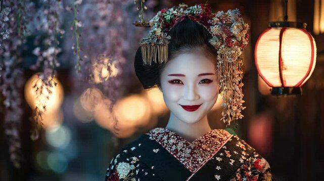 藤の花と提灯を背景に、はにかむように可愛く微笑む舞妓
