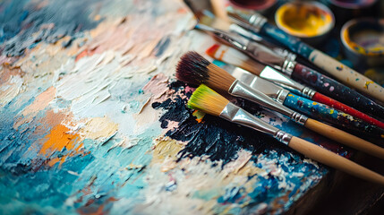 Fototapeta premium Displaying a set of artist brushes, paints, and a canvas, capturing the essence of creativity and art