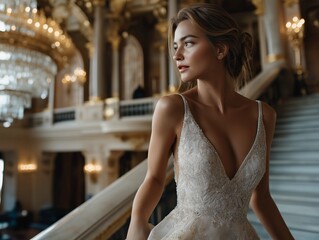 Fototapeta premium Elegant Bride on Grand Staircase: A poised bride descends a magnificent staircase, her eyes sparkling with anticipation and her delicate gown flowing gracefully.