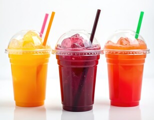 Refreshing colorful juices, floats in plastic cups with straws on white background. Cold drinks with ice. Fresh summer beverages for cafe menu takeaway. Variety of flavors like orange, red berry, mix