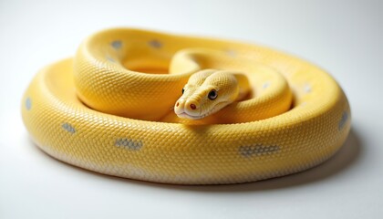Fototapeta premium Yellow python snake coiled studio shot, white background. Pet reptile animal. Exotic wildlife creature. Ball python coiled up macro closeup. Yellow reptilian scales pattern.