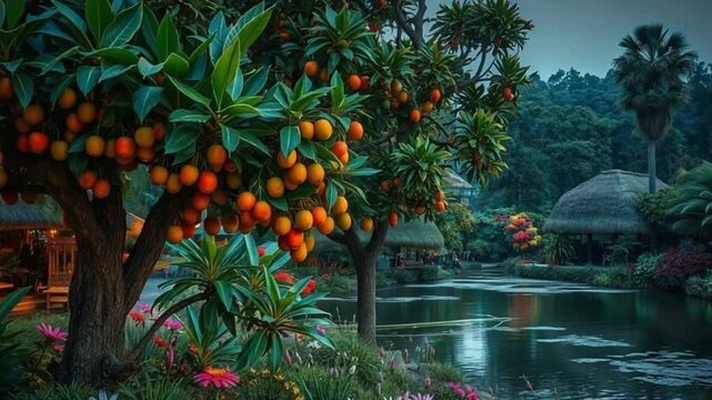 Tropical garden with fruit trees colorful flowers and thatched huts near pond at twilight