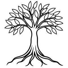 Hand Drawn Black Olive Tree with Roots Narrow Leaves