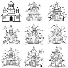 Haunted house outline vector illustration isolated on white background.