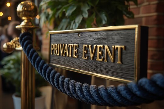 Exclusive Affair: A beautifully crafted sign reading "Private Event," adorned with golden lettering and a velvety blue rope, signals an invitation to an exclusive event.