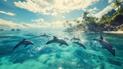 Naklejka premium Dolphins leaping and swimming in turquoise ocean near tropical island under sunny sky.
