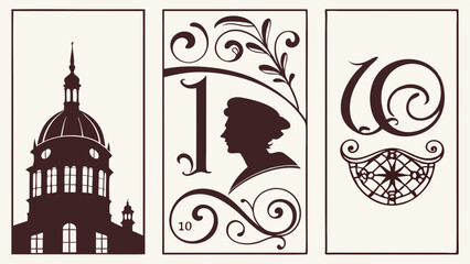 Decorative Vintage Silhouette Art Panels: Capitol Building, Woman Profile, Number 1, Ornate Letter C, Compass Rose