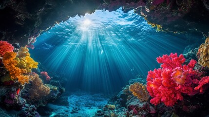 Sunbeams illuminate vibrant coral reef scene viewed from a cave opening underwater.