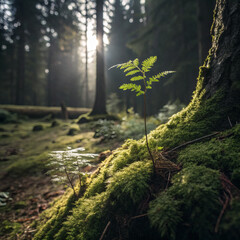 Serene Seedling in a Moss-Covered Forest Floor