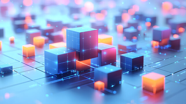 Abstract digital cubes interconnected with glowing lines on a futuristic grid