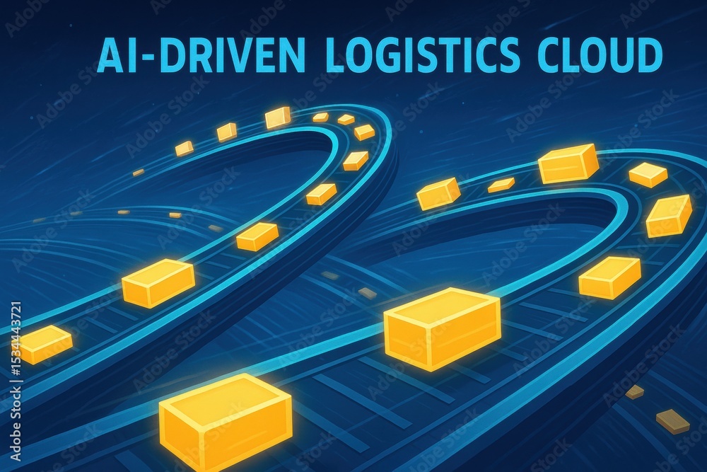 Poster Visual Representation of AI-Driven Logistics Cloud with Dynamic Pathways and Cargo