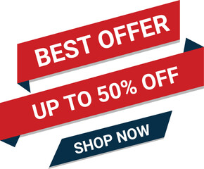 A vibrant, promotional red and dark blue Sale Banner with "Up to 50% Off"