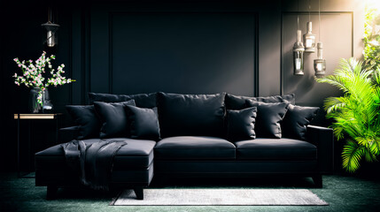 Obraz premium modern luxury black living room, blank wall It is a picture taken with 