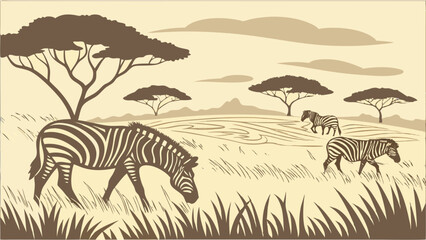 African Safari Wildlife Zebras Grazing on Savanna Grassland Plain Landscape with Acacia Trees Sepia Tone Vintage Retro Illustration