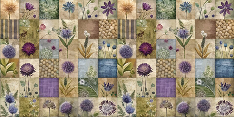 Obraz premium Beautiful floral patchwork collage in earthy tones with various wildflowers.