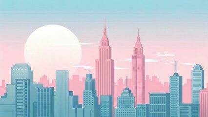 Photo of pastel pink and blue city skyline at sunrise, two prominent towers dominating the scene