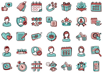 Obraz premium Doodle-style CRM and marketing icons on a white background. Includes profile badges, targeting, gifts, loyalty stars, A/B testing, hashtags, reviews, and notifications. Bright colors hand-drawn feeel