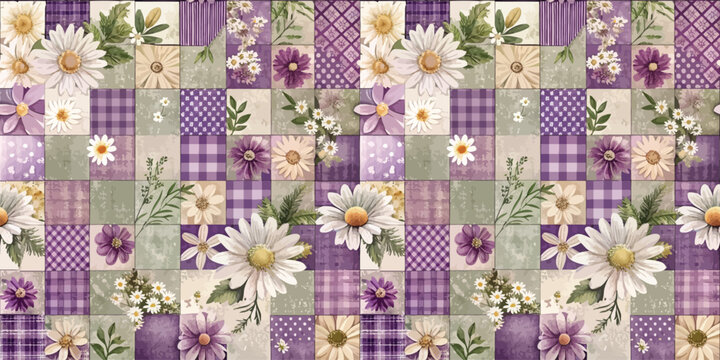 Charming purple and green patchwork quilt featuring floral designs.