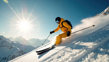 Skier descends snow-covered mountain slope under high sun. Man wearing yellow ski suit, helmet, goggles. Winter sport activity, active lifestyle, speed, movement, cold weather. Scenic nature with