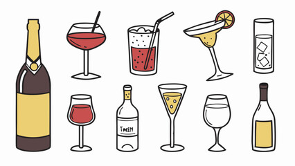 Hand drawn doodle collection of alcoholic drinks wine champagne cocktails and bottles vector illustration set for party celebration bar menu design