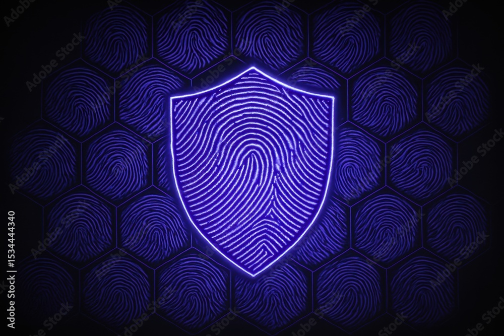 Poster Stylized Shield with Fingerprint Pattern on Hexagonal Background