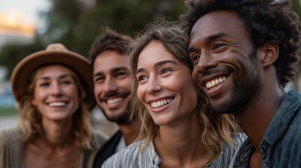 A group of joyful people: Capturing a group of four individuals of diverse background as they share a heartwarming moment and genuine smiles that highlight the beauty of friendship.